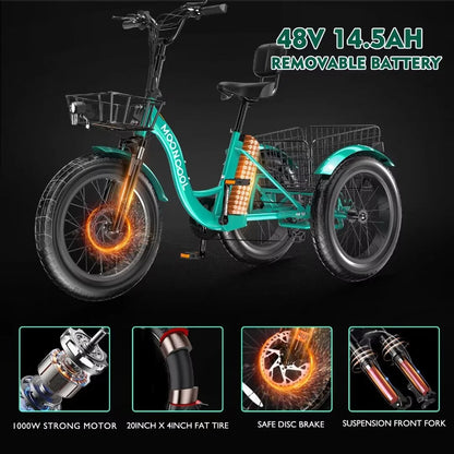 20" Electric Trike Tricycle for Adults, Fat Tire7 Speed Electric Trike, 3 Wheels Bike with Large Baskets, 36V 350W 13Ah Lithium Battery