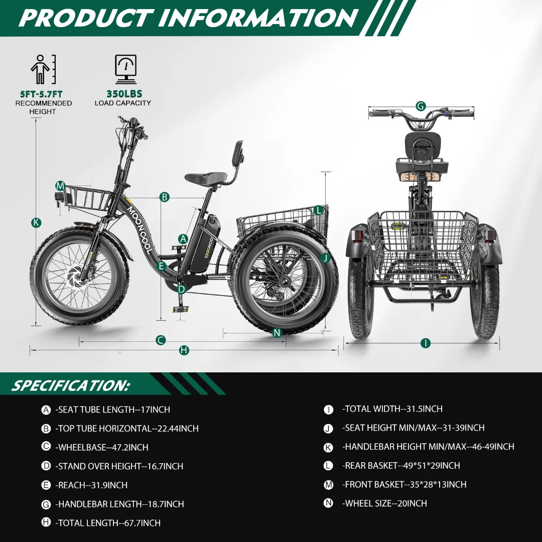 20" Electric Trike Tricycle for Adults, 7 Speed Fat Tire Electric Trike, 3 Wheels Bike for Adults with Front and Rear Baskets, Lithium Battery UL Certified