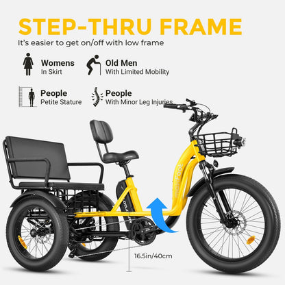 MF33 2-Seater Electric Tricycle for Adults, 85 Miles, 750W Rear Drive Motor Electric Trike with Rear Differential, Suspension, Parking Brake System, Fat Tire, 48V 20Ah UL Certified Battery