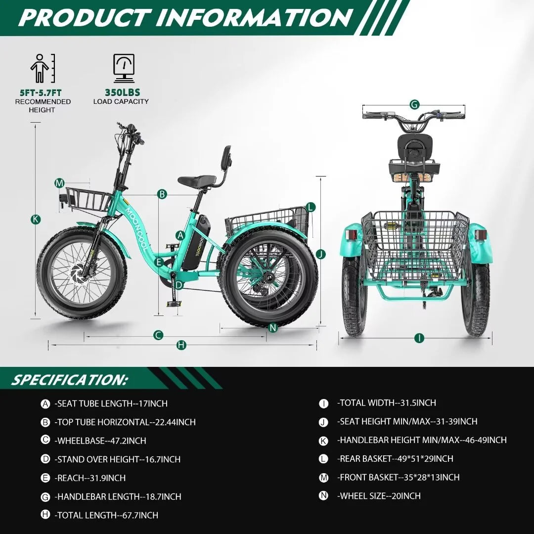 20" Electric Trike Tricycle for Adults, Fat Tire7 Speed Electric Trike, 3 Wheels Bike with Large Baskets, 36V 350W 13Ah Lithium Battery