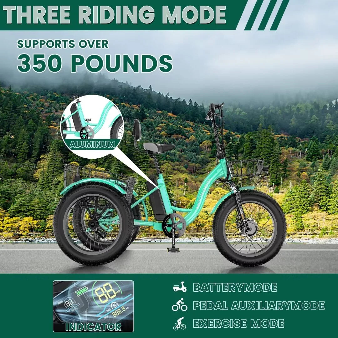 20" Electric Trike Tricycle for Adults, Fat Tire7 Speed Electric Trike, 3 Wheels Bike with Large Baskets, 36V 350W 13Ah Lithium Battery