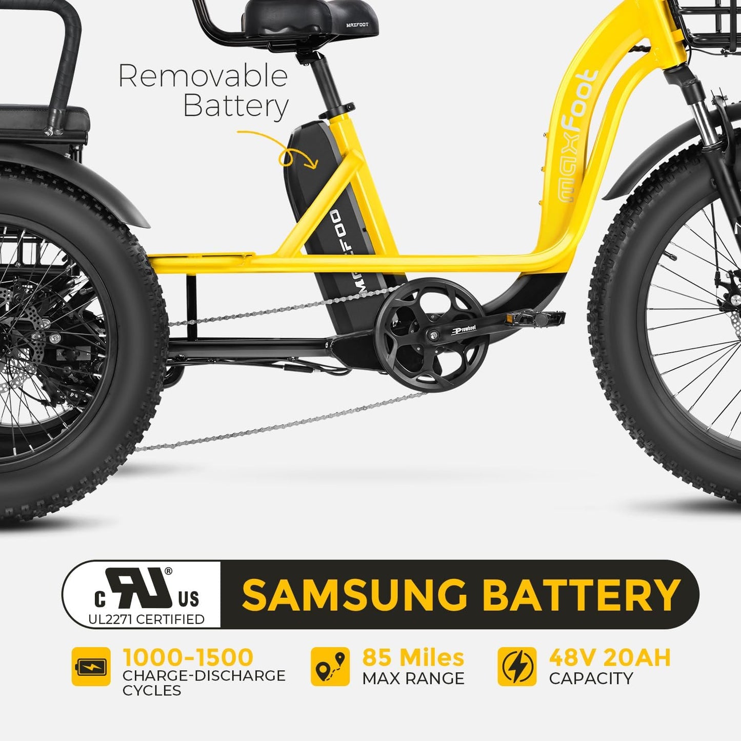 MF33 2-Seater Electric Tricycle for Adults, 85 Miles, 750W Rear Drive Motor Electric Trike with Rear Differential, Suspension, Parking Brake System, Fat Tire, 48V 20Ah UL Certified Battery